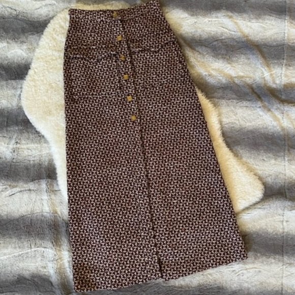 Source Unknown Dresses & Skirts - Vintage Burgundy and Cream Wool Patterned Long Split Skirt with Gold Buttons